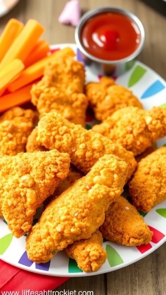 Quick and Easy Air Fryer Chicken Tenders for Kids Crispy air fryer chicken tenders on a plate with ketchup and carrot sticks.